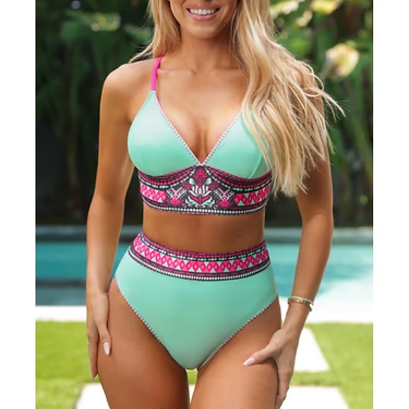 NWT Cupshe Mint Green High Waist Bikini Set Pink Straps‎ Size L Swimsuit - Picture 1 of 11